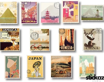 13 Stück Weltstempel Reisestempel Country Briefmarken Vinyl Aufkleber Glänzend oder Matt