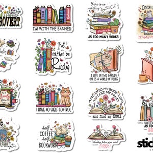 May include: A set of 12 colorful stickers featuring book-themed illustrations and quotes. The stickers feature a variety of designs, including books, flowers, cats, and coffee cups. Some of the quotes include "Booktrovert", "I'd rather be reading", and "I have no shelf control".