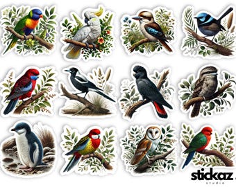12 pcs Australian Birds Kookaburra Cockatoo Magpie Lorikeet Penguin Owl Wren Rosella Parrot Tawny Frogmouth Vinyl Stickers Glossy or Matte