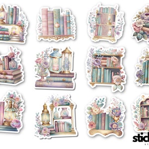 Pode incluir: Doze adesivos digitais com ilustrações de estantes com livros, lanternas e flores em cores pastel. Os adesivos são perfeitos para adicionar um toque de fantasia a planejadores, diários e outros projetos de artesanato.