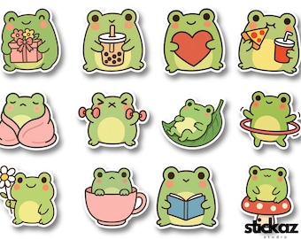 12 pcs Cute Kawaii Frogs Funny Frog scrapbooking planner journal Vinyl Stickers Glossy or Matte