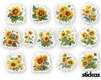 Peut inclure: Un ensemble de 12 autocollants numériques illustrant des tournesols à l'aquarelle dans différentes compositions. Les autocollants sont parfaits pour ajouter une touche d'été à vos projets numériques.