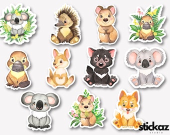 May include: Set of ten colorful stickers featuring various Australian animals, including a koala, echidna, wombat, kangaroo, and platypus. Each sticker has a white border and is illustrated in a cartoon style.