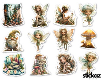 May include: A set of 10 colorful stickers featuring whimsical fairies, gnomes, mushrooms, and other magical creatures. The stickers are perfect for adding a touch of whimsy to journals, laptops, water bottles, and more.