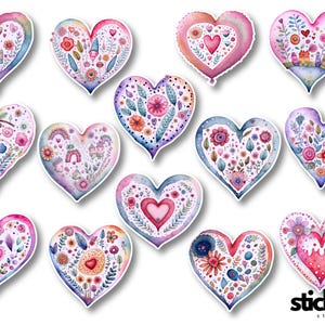 14 pcs Watercolour Hearts Floral Cute Hearts Vinyl Stickers Glossy or Matte