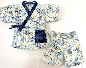 Kimono Jinbei de 2 piezas para niños pequeños, ropa japonesa, libélula, blanco/azul