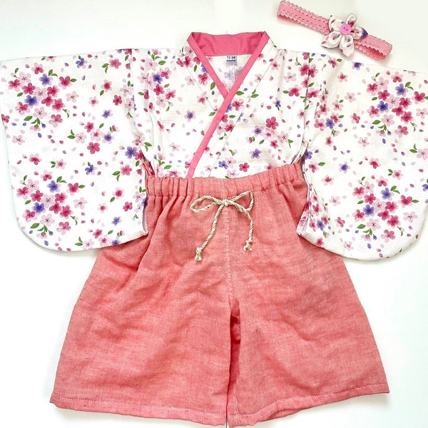 Ensemble hakama 2 pièces pour bébé, haut de style kimono, pantalon hakama double gaze et bandeau assorti, sakura, blanc