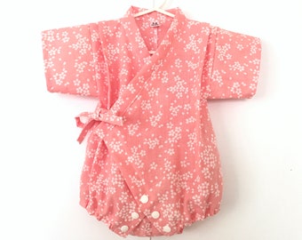 Baby Romper Jinbei Kimono and Headband, Japanese Tenugui Fabric, Sakura, Cherry Blossoms, Pink