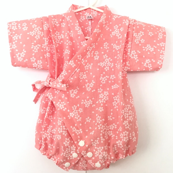 Baby Romper Jinbei Kimono and Headband, Japanese Tenugui Fabric, Sakura, Cherry Blossoms, Pink