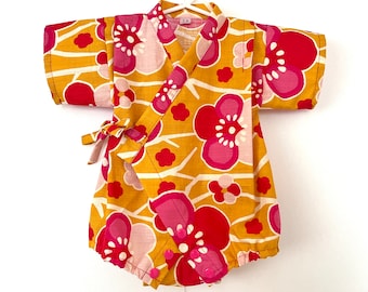 Baby Romper Jinbei Kimono and Headband, Japanese dobby fabric, Ume Plum, Yellow or Pink