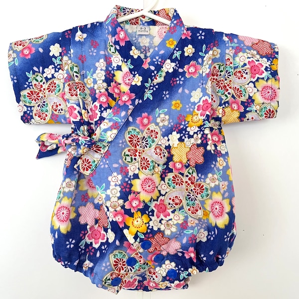 Babyromper Jinbei Kimono en hoofdband, Japanse dubbelgaasstof, Sakura, kersenbloesems, blauw