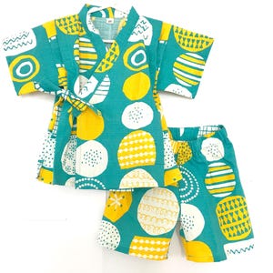 2-Piece Toddler Jinbei Kimono, Japanese Clothes, Japanese Dobby Fabric, Circles, Emerald Green, 2T