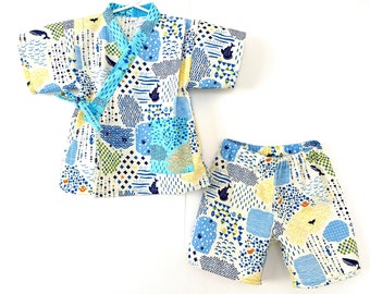 2-Piece Toddler Jinbei Kimono, Japanese Clothes, Sea Animals, White/Aqua Blue