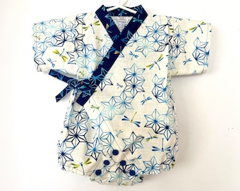 Baby Romper Jinbei Kimono, Dragonfly White/Blue