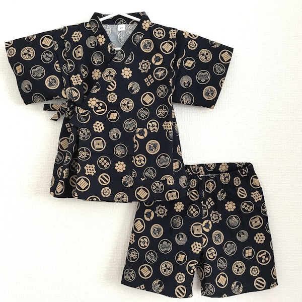 2-Piece Toddler Jinbei Kimono, Japanese Clothes, Kamon Emblem, Navy Blue or Ecru or Brick Red or Matcha Green