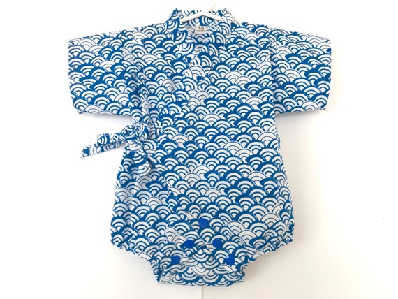 Baby Romper Jinbei Kimono, Japanese tenugui fabric, Ocean Wave