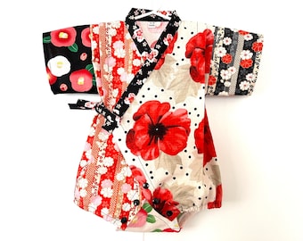 Baby Romper Jinbei Kimono and Headband, Japanese dobby fabric, Black/Red