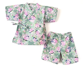 2-Piece Toddler Jinbei Kimono and Headband or Clip, Japanese Dobby Fabric, Sakura, Cherry Blossom, Sage Green