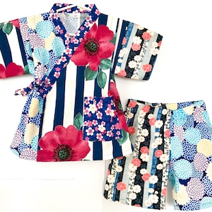 2-Piece Toddler Jinbei Kimono and Headband or Clip, Japanese Dobby Fabric, Sakura