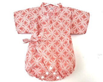 Baby Romper Jinbei Kimono and Headband, Japanese fabric, Shippou, Pink