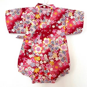 さくらベビーロンパース甚平着物（フリル付きまたはクラシックスリーブ）、日本製コットン、ヘッドバンド