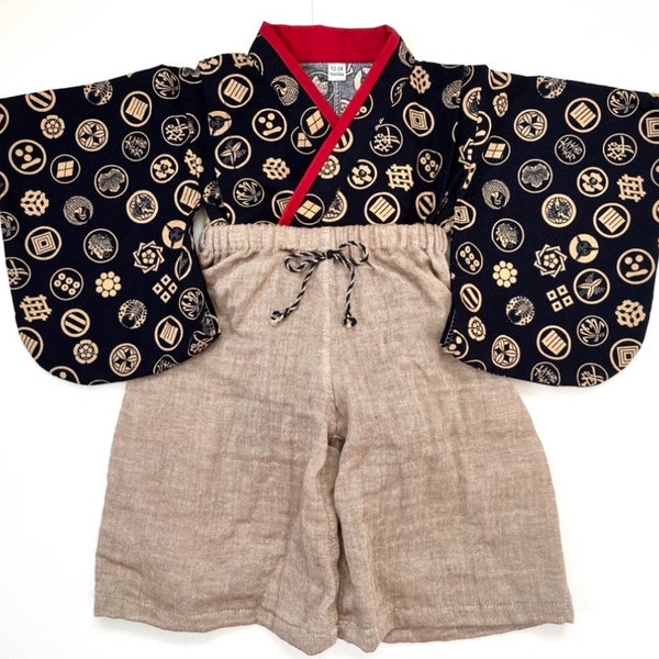 2-piece Baby Hakama Set, Kimono-styled Top, Double-Gauze Hakama pants, Kamon, Navy Blue