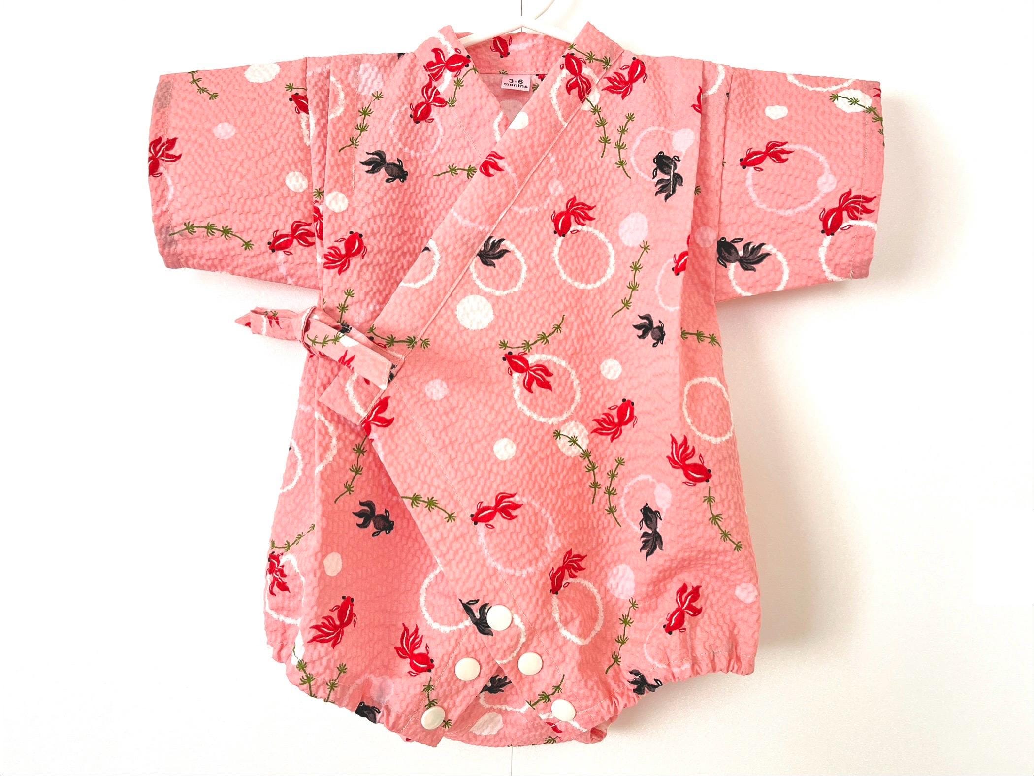 Baby Romper Jinbei Kimono with Headband, Japanese Ripple-finished Fabric, Goldfish, Soft Coral Pink