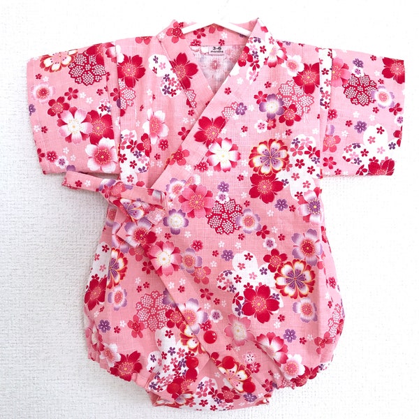 Babyromper Jinbei Kimono en hoofdband, Japanse dobbystof, Sakura, Kersenbloesem, Roze