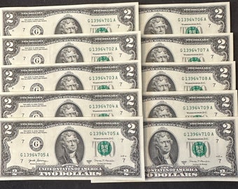 10 CRISP uncirculated 2 dollar bills with consecutive serial numbers