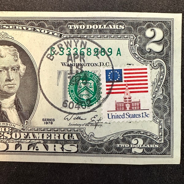 1976 two dollar bill - Stamped First Day of Issue FREE SHIPPING