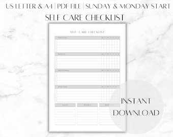 Self Care Checklist Printable Template | Instant Download | Daily Wellbeing | Wellness Planner | A4 & US Letter | Self Care Routine Plan