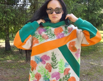 Handmade clothing, Gifts for women, Graphic sweatshirt, Aesthetic hoodie, Oversized sweatshirt, Colorblock hoodie, Patchwork clothing