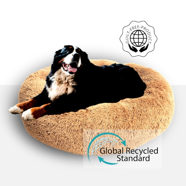 Calming Dog Bed Donut, High-Quality Recycled (GRS) Fabric, Longer Plush, Fuller Cushion, Removable Cover, Anti-skid Bottom, Machine Washable