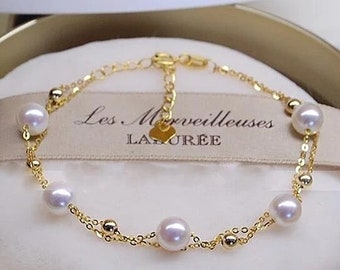 Handmade Vintage Elegant Full Sky Star Double Layer Extremely Bright Gold Bean Pearl Bracelet