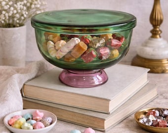 Vintage Green Glass Candy Dish w/Lid | Pedestal Bowl Pink Base | Mid Century Glass Compote | Retro Candy Bowl | Trinket Dish | Unique Gift