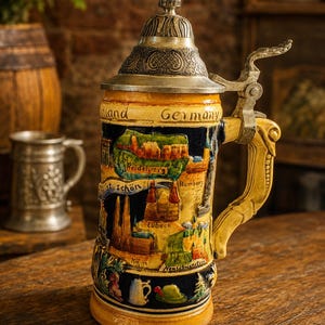 Op de afbeelding: Een keramische bierpul met een metalen deksel en handvat. De behuizing toont reliëfillustraties van Duitse bezienswaardigheden zoals Heidelberg, Hamburg, Lübeck en Neuschwanstein, met de tekst Germany en diverse stadsnamen op het oppervlak.