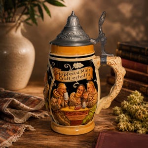 May include: A ceramic beer stein with a pewter lid and a textured handle. The black body features a relief scene of three monks at a table with the German text Hopfen u. Malz Gott erhalt's. The base and rim are yellow, and the lid has ornate detailing.