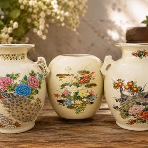 May include: Three cream-colored ceramic vases featuring hand-painted floral and peacock motifs. Two vases have side handles and gold-tone rim detailing, while the central vase is rounded and features a colorful bouquet of chrysanthemums and foliage.