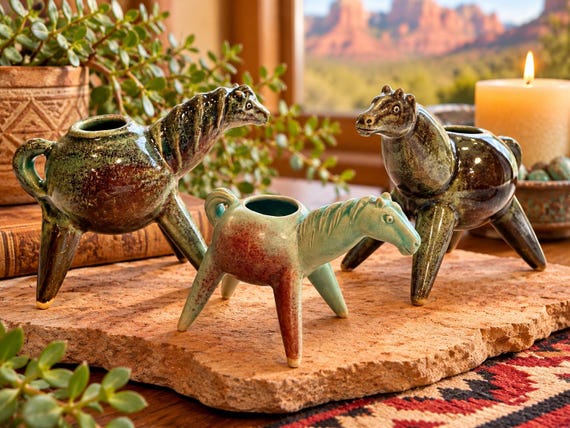 Signed Pottery Horse Candle Holders Vessels Set of 3 Sedona Arizona Find
