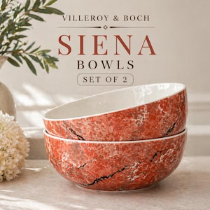 May include: Two Siena bowls by Villeroy & Boch, stacked. The bowls have a red and white marbled design with black veining. The text "SIENA BOWLS SET OF 2" is displayed above the bowls.