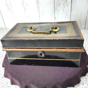 Antique Made in England Black Japanned Metal Lock Box