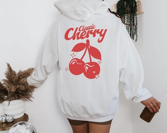 Klassieke kersenrode retrorode hoodie, kersenrode sweater, kersenrode hoodie, kersenbloesem, zachte meisjeshoodie, retro kersen