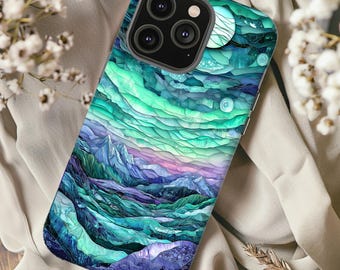 Northern Lights Stained Glass Phone Case, Faux Stained Glass Mosaic Sky iPhone 16 15 14 13 Pro Max Plus Cover, Samsung, Pixel, Gift for Her