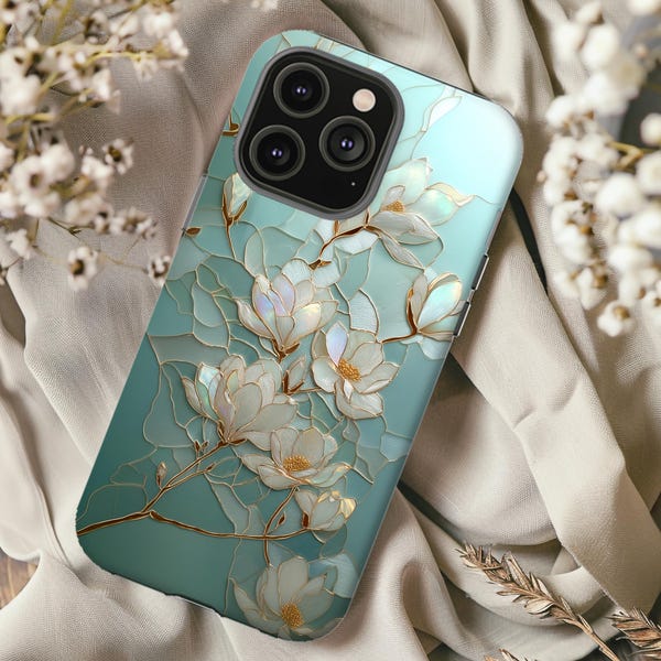 Magnolia Stained Glass Effect Phone Case, Mint Floral 3D Mosaic Tough Case, Case for iPhone 16 15 14 13 12 11 SE Pro Max, Samsung, Pixel