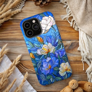 Blue Wildflowers Stained Glass Effect Phone Case, Artsy Floral 3D Mosaic Tough Case, Stained Glass with Flowers, Case for iPhone Samsung