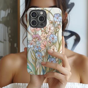 Wildflowers Stained Glass Effect Phone Case, Pastel Floral Mosaic Tough Case, Case for iPhone 16 15 14 13 12 11 SE Pro Max, Samsung, Pixel