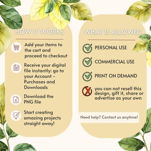 May include: An informational graphic with a light beige background and green leaf illustrations. The text reads: HOW IT WORKS, Add your items to the cart, Receive your digital file, Download the PNG file, Start creating, WHAT IS ALLOWED, PERSONAL USE, COMMERCIAL USE, PRINT ON DEMAND, you can not resell this design, gift it, share or advertise as your own, Need help? Contact us anytime!