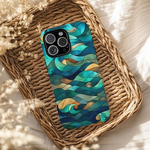 Ocean Waves Phone Case, Turquoise Stained Glass Effect Cute Mosaic Ocean Design Phone Cover, Case for iPhone Samsung, Ocean Lover Gift