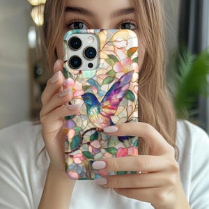 Hummingbird Stained Glass Effect Phone Case, Floral 3D Mosaic Tough Case, Stained Glass Pearl Effect with Flowers, Case for iPhone Samsung