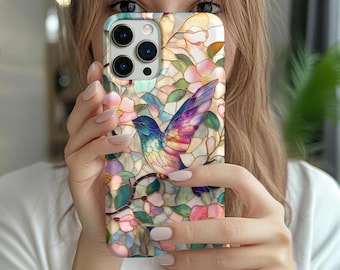 Hummingbird Stained Glass Effect Phone Case, Floral 3D Mosaic Tough Case, Stained Glass Pearl Effect with Flowers, Case for iPhone Samsung
